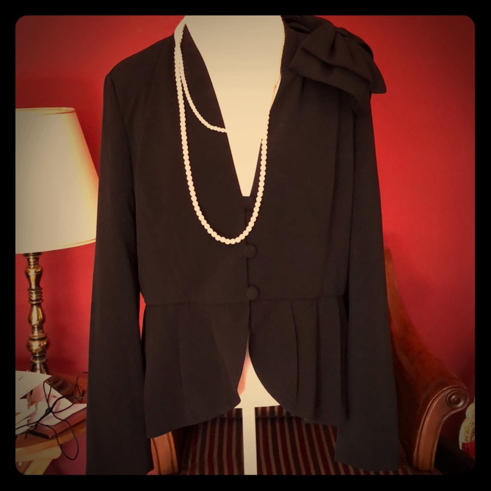 Black Peplum Jacket with Bow Shoulder Detail